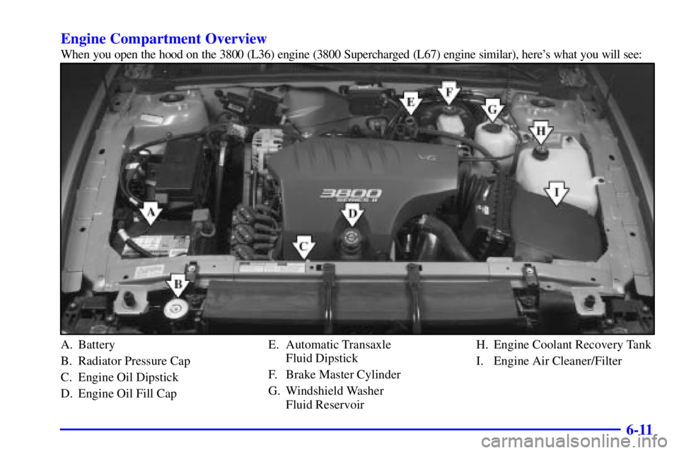 BUICK PARK AVENUE 2001  Owners Manual 6-11 Engine Compartment Overview
When you open the hood on the 3800 (L36) engine (3800 Supercharged (L67) engine similar), heres what you will see:
A. Battery
B. Radiator Pressure Cap
C. Engine Oil D