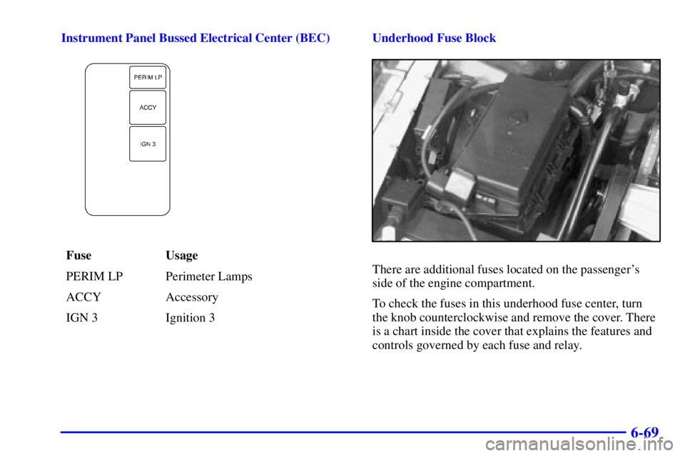 BUICK PARK AVENUE 2001 Owners Manual 6-69
Instrument Panel Bussed Electrical Center (BEC)
Fuse Usage
PERIM LP Perimeter Lamps
ACCY Accessory
IGN 3 Ignition 3Underhood Fuse Block
There are additional fuses located on the passengers
side BUICK PARK AVENUE 2001 Owners Manual 6-69
Instrument Panel Bussed Electrical Center (BEC)
Fuse Usage
PERIM LP Perimeter Lamps
ACCY Accessory
IGN 3 Ignition 3Underhood Fuse Block
There are additional fuses located on the passengers
side