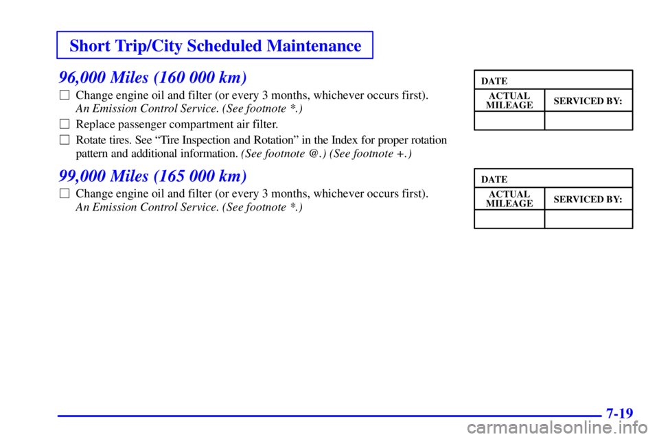 BUICK PARK AVENUE 2001  Owners Manual Short Trip/City Scheduled Maintenance
7-19
96,000 Miles (160 000 km)
Change engine oil and filter (or every 3 months, whichever occurs first). 
An Emission Control Service. (See footnote *.) 
Replac