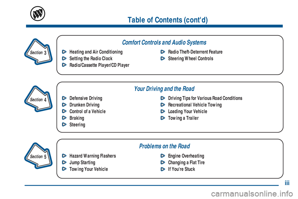 BUICK PARK AVENUE 2001  Owners Manual Table of Contents (contd)
Defensive Driving
Drunken Driving
Control of a Vehicle
Braking
SteeringDriving Tips for Various Road Conditions
Recreational Vehicle Towing
Loading Your Vehicle
Towing a Tra