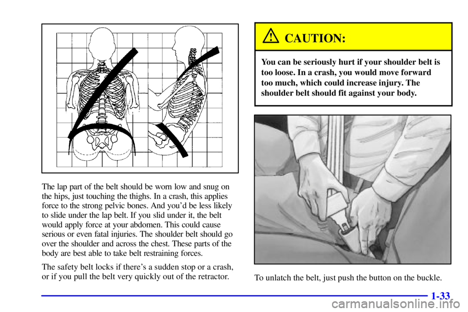 BUICK PARK AVENUE 2001 Service Manual 1-33
The lap part of the belt should be worn low and snug on
the hips, just touching the thighs. In a crash, this applies
force to the strong pelvic bones. And youd be less likely
to slide under the BUICK PARK AVENUE 2001 Service Manual 1-33
The lap part of the belt should be worn low and snug on
the hips, just touching the thighs. In a crash, this applies
force to the strong pelvic bones. And youd be less likely
to slide under the