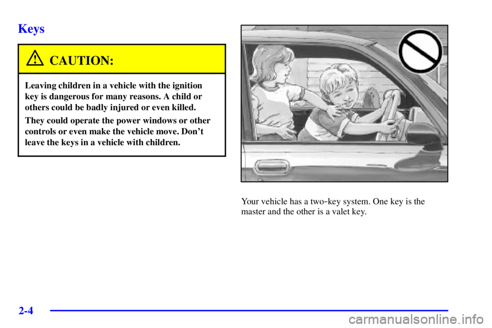 BUICK PARK AVENUE 2001  Owners Manual 2-4
Keys
CAUTION:
Leaving children in a vehicle with the ignition
key is dangerous for many reasons. A child or
others could be badly injured or even killed.
They could operate the power windows or ot
