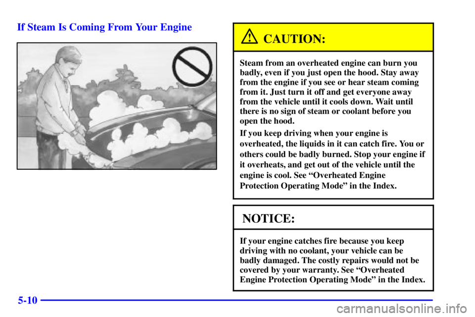 BUICK CENTURY 2000  Owners Manual 5-10 If Steam Is Coming From Your Engine
CAUTION:
Steam from an overheated engine can burn you
badly, even if you just open the hood. Stay away
from the engine if you see or hear steam coming
from it.