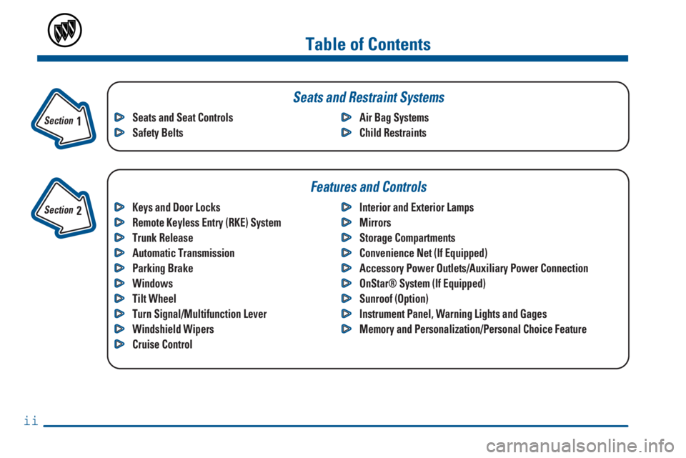 BUICK CENTURY 2000  Owners Manual ii
Table of Contents
Keys and Door Locks
Remote Keyless Entry (RKE) System
Trunk Release
Automatic Transmission 
Parking Brake
Windows
Tilt Wheel
Turn Signal/Multifunction Lever
Windshield Wipers
Crui