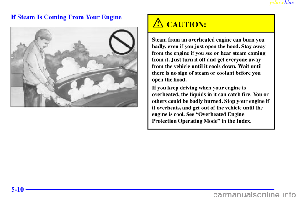 BUICK LESABRE 2000  Owners Manual yellowblue     
5-10 If Steam Is Coming From Your Engine
CAUTION:
Steam from an overheated engine can burn you
badly, even if you just open the hood. Stay away
from the engine if you see or hear steam