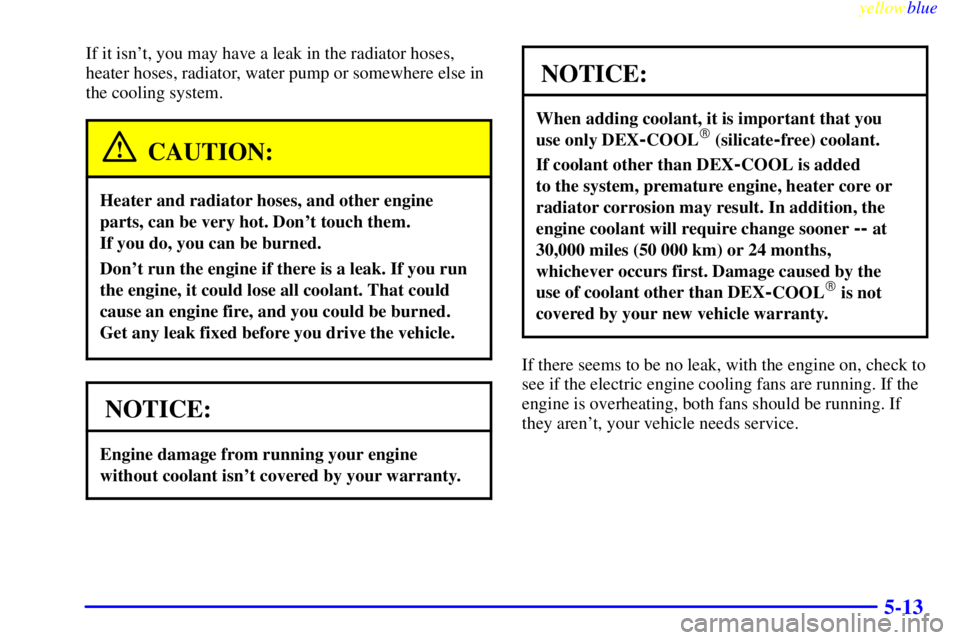 BUICK LESABRE 2000  Owners Manual yellowblue     
5-13
If it isnt, you may have a leak in the radiator hoses,
heater hoses, radiator, water pump or somewhere else in
the cooling system.
CAUTION:
Heater and radiator hoses, and other e