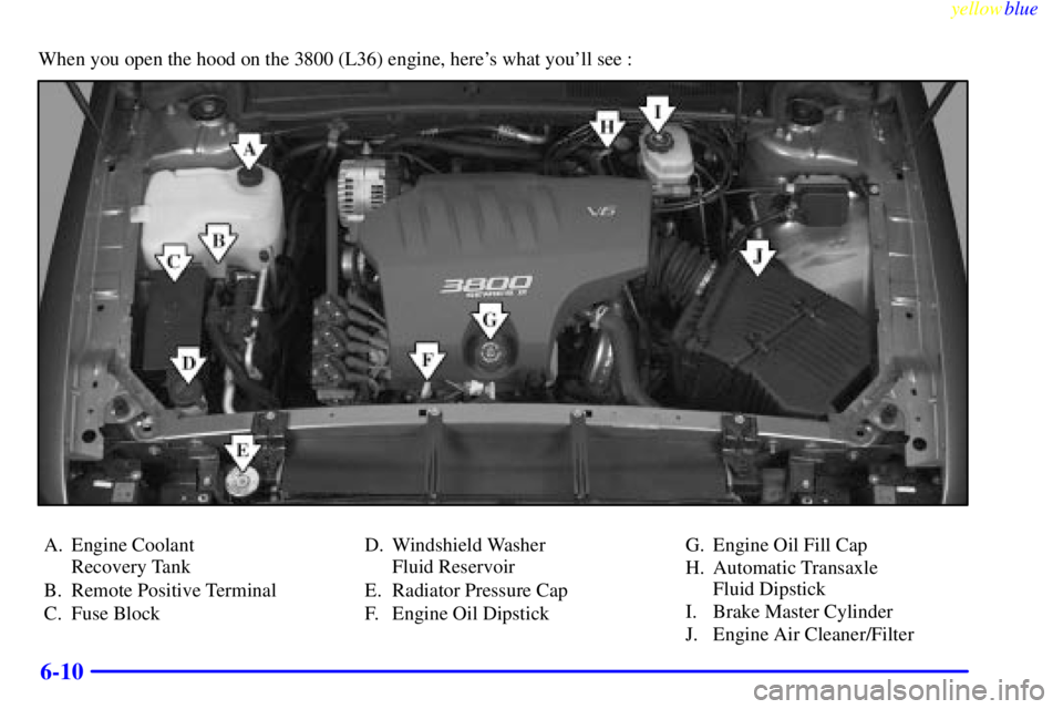 BUICK LESABRE 2000  Owners Manual yellowblue     
6-10
When you open the hood on the 3800 (L36) engine, heres what youll see :
A. Engine Coolant 
Recovery Tank
B. Remote Positive Terminal
C. Fuse BlockD. Windshield Washer 
Fluid Res
