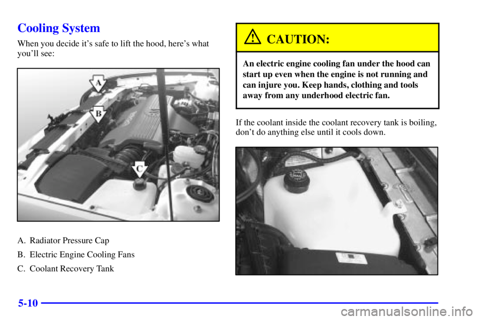 BUICK PARK AVENUE 2000  Owners Manual 5-10
Cooling System
When you decide its safe to lift the hood, heres what
youll see:
A. Radiator Pressure Cap
B. Electric Engine Cooling Fans
C. Coolant Recovery Tank
CAUTION:
An electric engine co