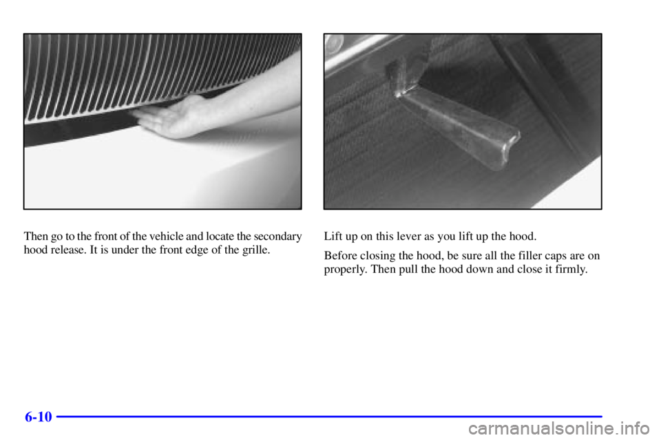 BUICK PARK AVENUE 2000  Owners Manual 6-10
Then go to the front of the vehicle and locate the secondary
hood release. It is under the front edge of the grille.Lift up on this lever as you lift up the hood.
Before closing the hood, be sure