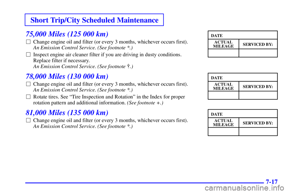 BUICK PARK AVENUE 2000  Owners Manual Short Trip/City Scheduled Maintenance
7-17
75,000 Miles (125 000 km)
Change engine oil and filter (or every 3 months, whichever occurs first). 
An Emission Control Service. (See footnote *.) 
Inspec