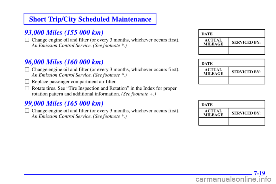 BUICK PARK AVENUE 2000  Owners Manual Short Trip/City Scheduled Maintenance
7-19
93,000 Miles (155 000 km)
Change engine oil and filter (or every 3 months, whichever occurs first). 
An Emission Control Service. (See footnote *.) 
96,000 