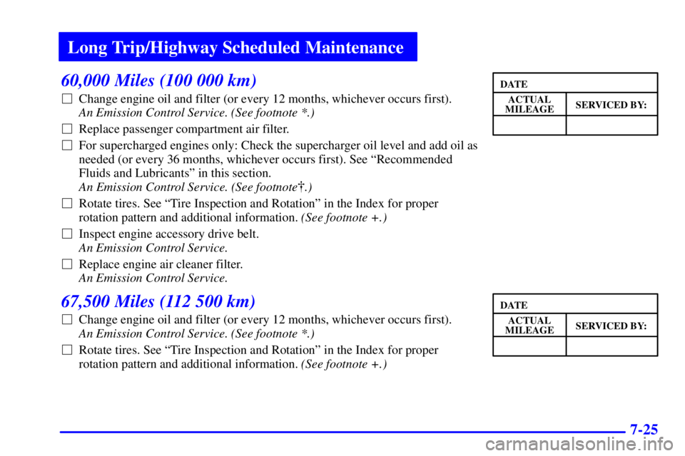 BUICK PARK AVENUE 2000  Owners Manual Long Trip/Highway Scheduled Maintenance
7-25
60,000 Miles (100 000 km)
Change engine oil and filter (or every 12 months, whichever occurs first). 
An Emission Control Service. (See footnote *.) 
Rep