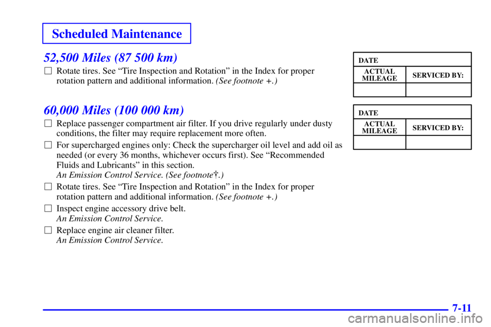 BUICK REGAL 2000 Owners Guide Scheduled Maintenance
7-11
52,500 Miles (87 500 km)
Rotate tires. See ªTire Inspection and Rotationº in the Index for proper
rotation pattern and additional information. (See footnote +.)
60,000 Mi