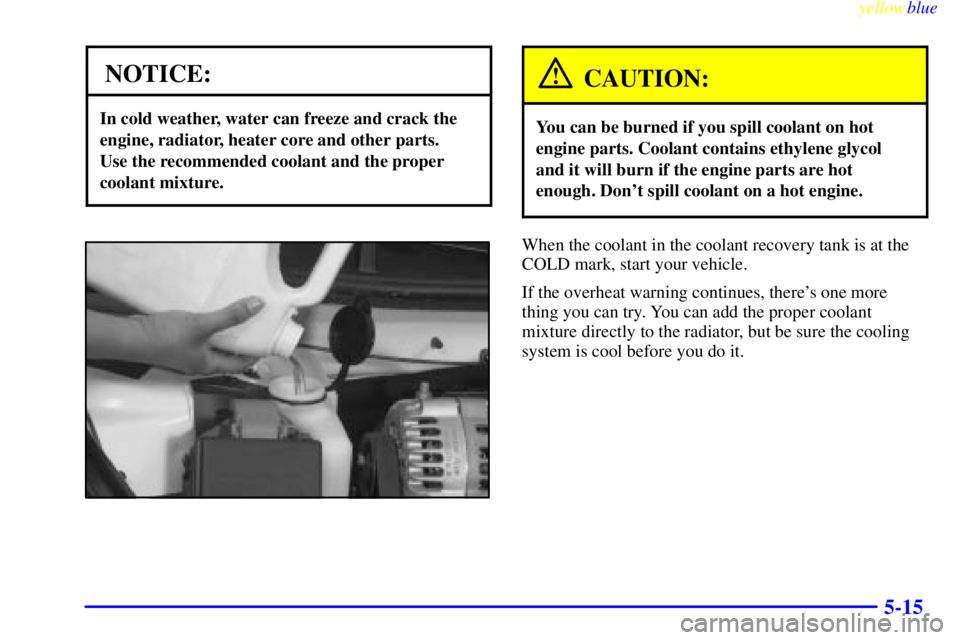 BUICK CENTURY 1999  Owners Manual yellowblue     
5-15
NOTICE:
In cold weather, water can freeze and crack the
engine, radiator, heater core and other parts. 
Use the recommended coolant and the proper
coolant mixture.
CAUTION:
You ca