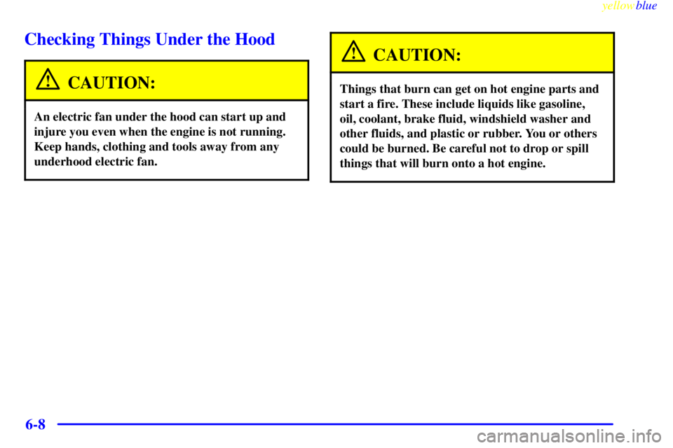 BUICK CENTURY 1999  Owners Manual yellowblue     
6-8
Checking Things Under the Hood
CAUTION:
An electric fan under the hood can start up and
injure you even when the engine is not running.
Keep hands, clothing and tools away from any