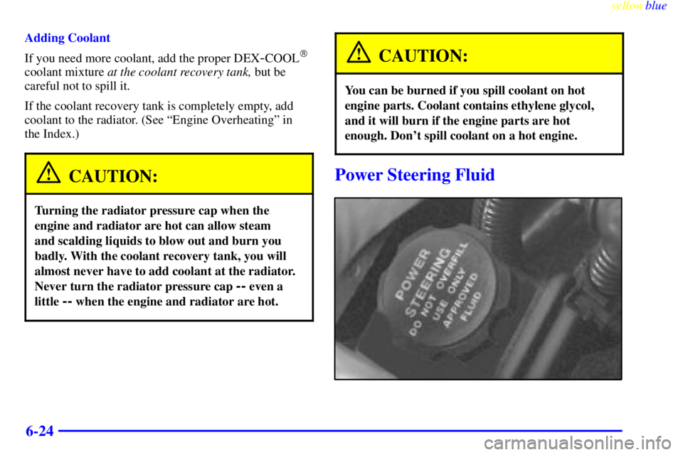 BUICK CENTURY 1999  Owners Manual yellowblue     
6-24
Adding Coolant
If you need more coolant, add the proper DEX
-COOL
coolant mixture at the coolant recovery tank, but be
careful not to spill it.
If the coolant recovery tank is co