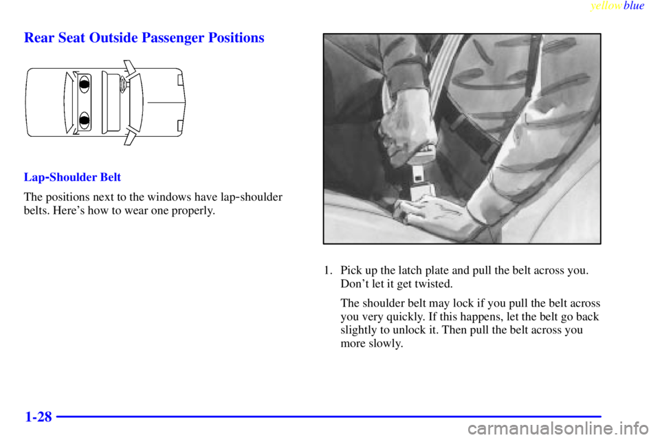 BUICK CENTURY 1999 Owners Guide yellowblue     
1-28 Rear Seat Outside Passenger Positions
Lap-Shoulder Belt
The positions next to the windows have lap
-shoulder
belts. Heres how to wear one properly.
1. Pick up the latch plate and