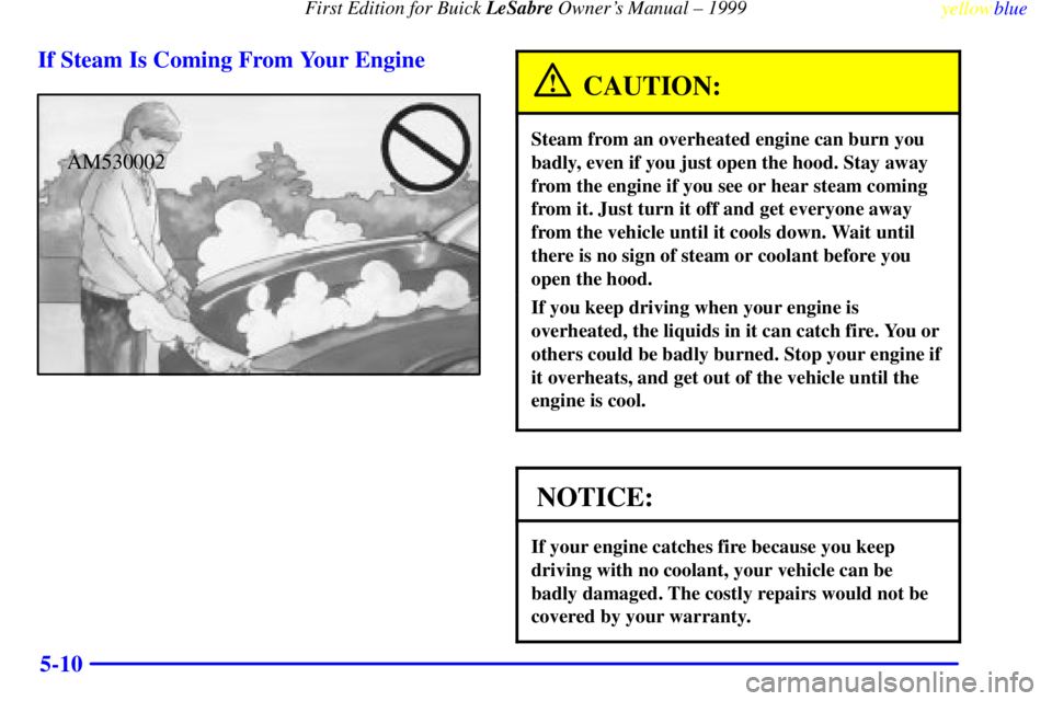 BUICK LESABRE 1999 Workshop Manual First Edition for Buick LeSabre Owners Manual ± 1999
yellowblue
5-10 If Steam Is Coming From Your Engine
AM530002
CAUTION:
Steam from an overheated engine can burn you
badly, even if you just o BUICK LESABRE 1999 Workshop Manual First Edition for Buick LeSabre Owners Manual ± 1999
yellowblue
5-10 If Steam Is Coming From Your Engine
AM530002
CAUTION:
Steam from an overheated engine can burn you
badly, even if you just o