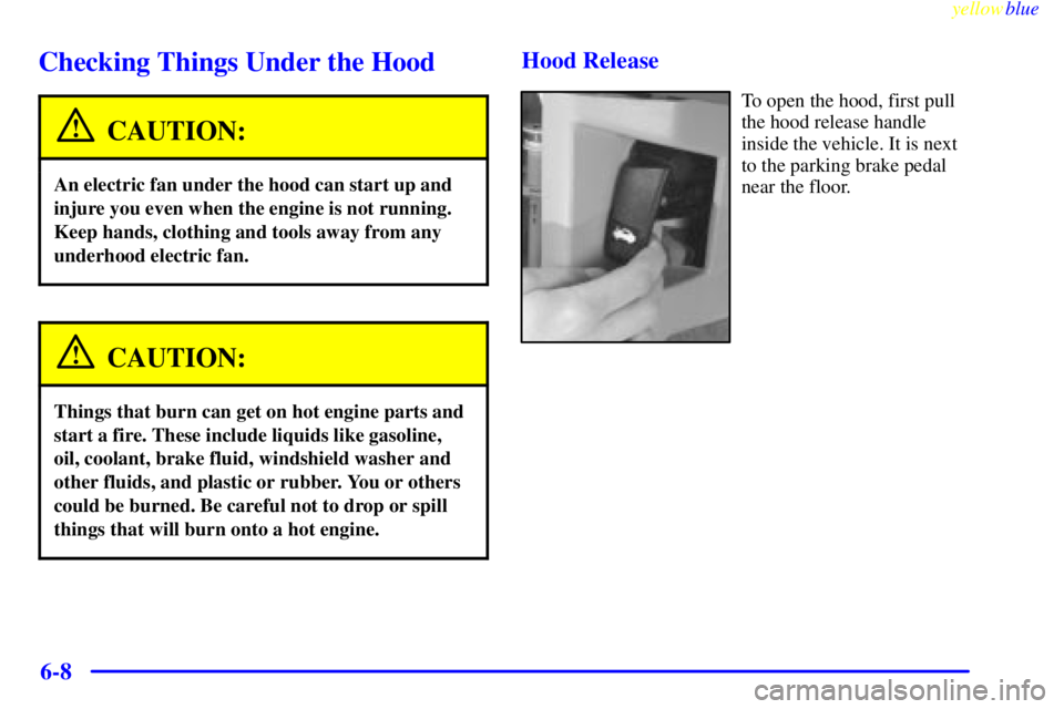 BUICK LESABRE 1999 Manual PDF yellowblue     
6-8
Checking Things Under the Hood
CAUTION:
An electric fan under the hood can start up and
injure you even when the engine is not running.
Keep hands, clothing and tools away from any