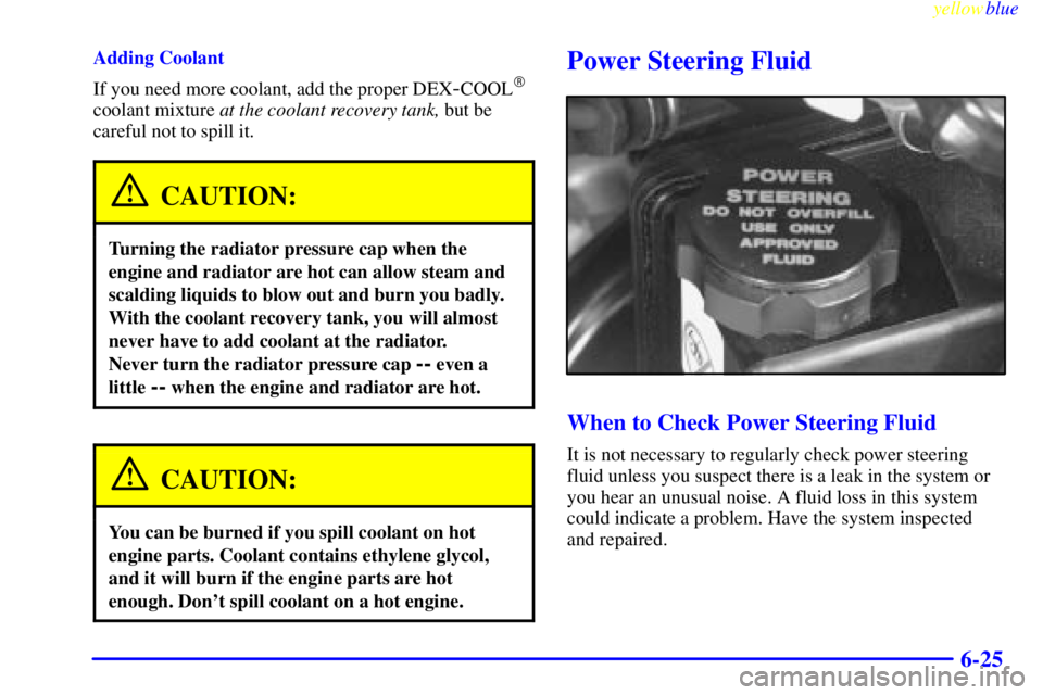 BUICK LESABRE 1999 Manual Online yellowblue     
6-25
Adding Coolant
If you need more coolant, add the proper DEX
-COOL
coolant mixture at the coolant recovery tank, but be
careful not to spill it.
CAUTION:
Turning the radiator pres