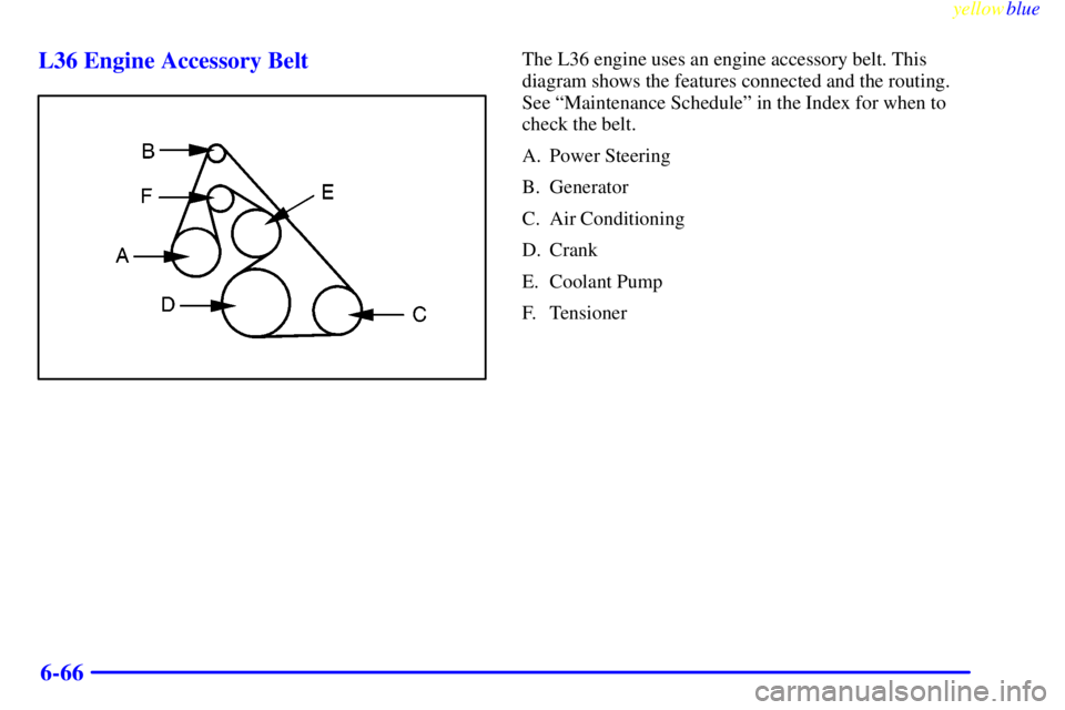 BUICK LESABRE 1999 Owners Guide yellowblue     
6-66 L36 Engine Accessory Belt
The L36 engine uses an engine accessory belt. This
diagram shows the features connected and the routing.
See ªMaintenance Scheduleº in the Index for wh