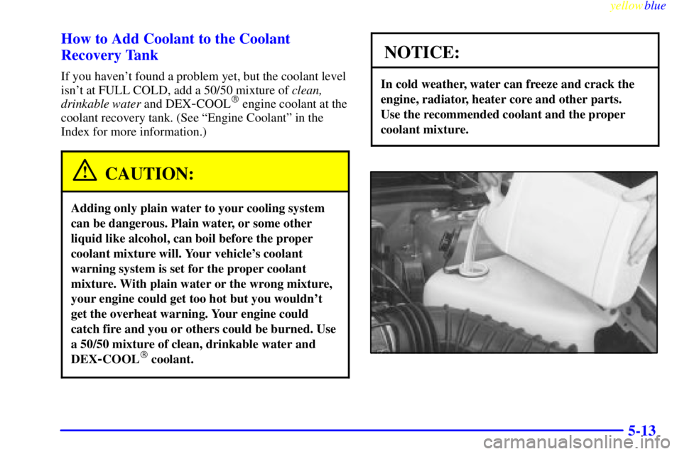 BUICK CENTURY 1998  Owners Manual yellowblue     
5-13 How to Add Coolant to the Coolant
Recovery Tank
If you havent found a problem yet, but the coolant level
isnt at FULL COLD, add a 50/50 mixture of clean,
drinkable water and DEX