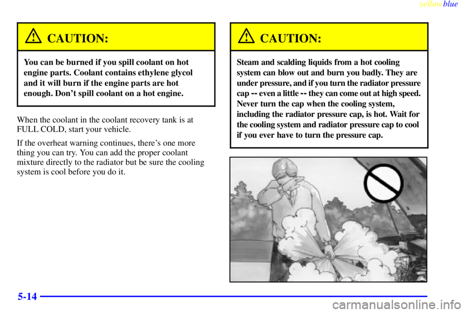 BUICK RIVIERA 1999 Owners Manual yellowblue
5-14
CAUTION:
You can be burned if you spill coolant on hot
engine parts. Coolant contains ethylene glycol
and it will burn if the engine parts are hot
enough. Dont spill coolant on a BUICK RIVIERA 1999 Owners Manual yellowblue
5-14
CAUTION:
You can be burned if you spill coolant on hot
engine parts. Coolant contains ethylene glycol
and it will burn if the engine parts are hot
enough. Dont spill coolant on a