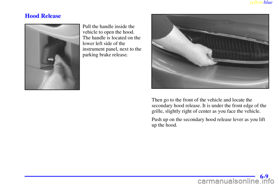BUICK RIVIERA 1999  Owners Manual yellowblue     
6-9 Hood Release
Pull the handle inside the
vehicle to open the hood.
The handle is located on the
lower left side of the
instrument panel, next to the
parking brake release.
Then go t