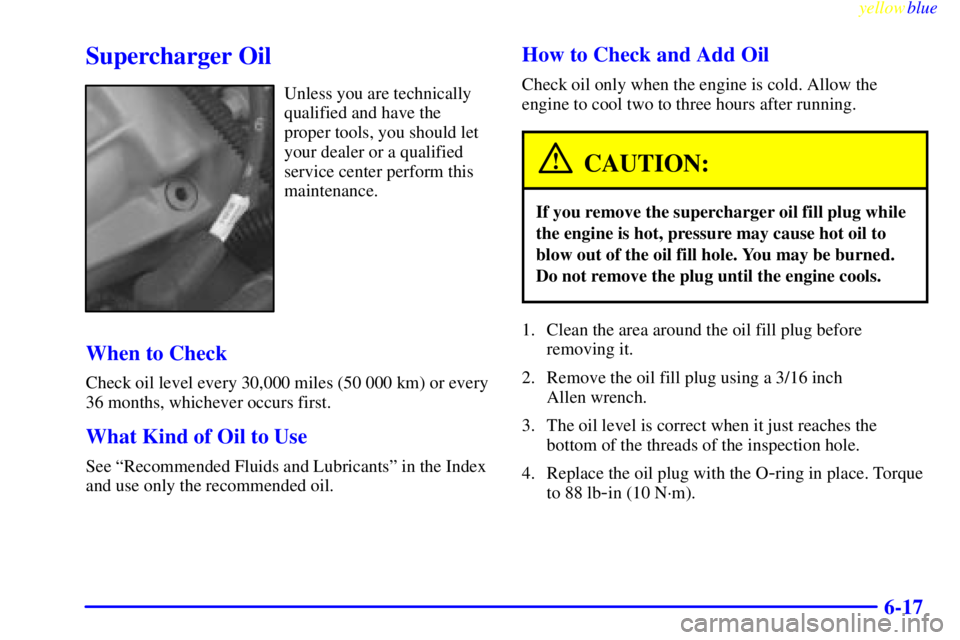 BUICK CENTURY 1998 Manual PDF yellowblue     
6-17
Supercharger Oil
Unless you are technically
qualified and have the
proper tools, you should let
your dealer or a qualified
service center perform this
maintenance.
When to Check
C