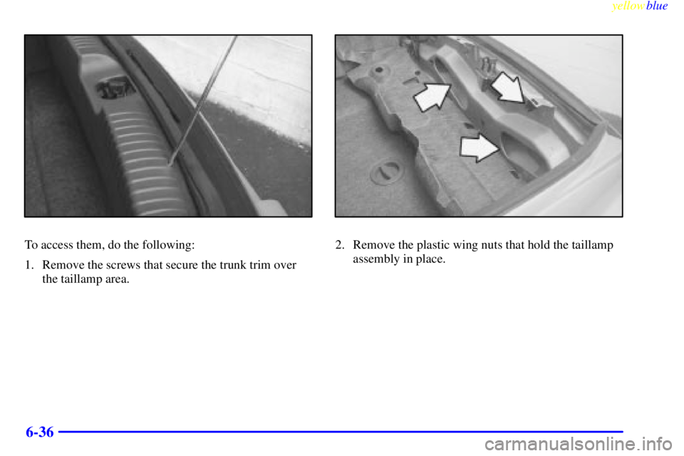 BUICK RIVIERA 1999 Owners Manual yellowblue
6-36
To access them, do the following:
1. Remove the screws that secure the trunk trim over
the taillamp area.2. Remove the plastic wing nuts that hold the taillamp
assembly in place. BUICK RIVIERA 1999 Owners Manual yellowblue
6-36
To access them, do the following:
1. Remove the screws that secure the trunk trim over
the taillamp area.2. Remove the plastic wing nuts that hold the taillamp
assembly in place.