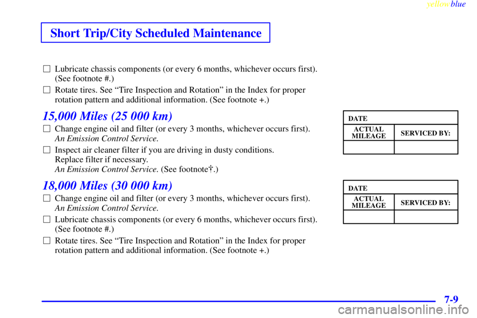 BUICK CENTURY 1998 Owners Manual Short Trip/City Scheduled Maintenance
yellowblue     
7-9
Lubricate chassis components (or every 6 months, whichever occurs first).
(See footnote #.)
Rotate tires. See ªTire Inspection and Rotation