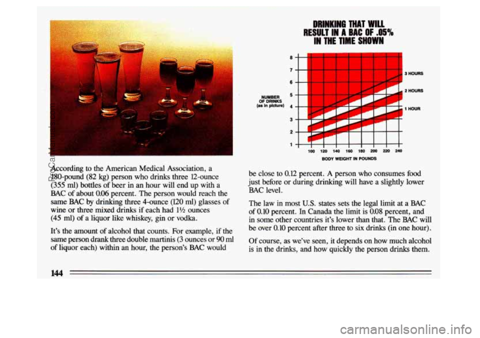 BUICK CENTURY 1993  Owners Manual According  to  the  American  Medical  Association, a 
18O-pound’(82  kg)  person  who  drinks  three  12-ounce 
(355 ml) bottles of beer  in  an  hour  will  end  up  with a 
BAC of about 0.06 perc