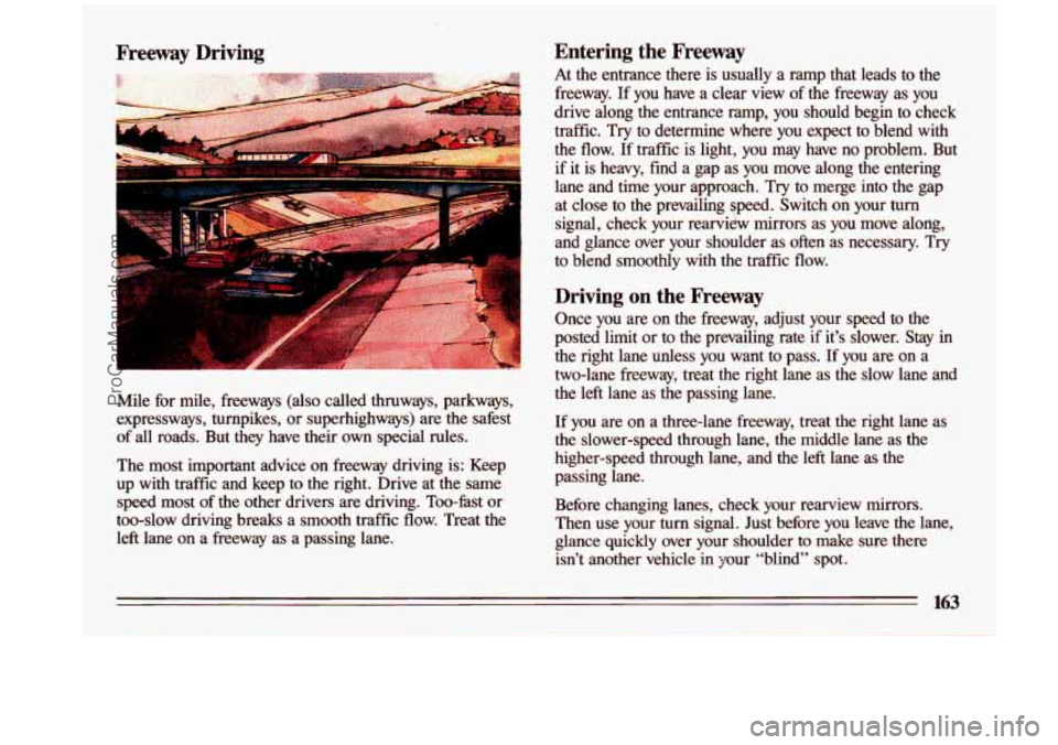 BUICK CENTURY 1993  Owners Manual Freeway  Driving 
.. . . : 
Mile  for  mile,  freeways  (also  called  thruways,  parkways, 
expressways,  turnpikes,  or superhighways)  are the  safest 
of  all  roads.  But  they  have  their own  
