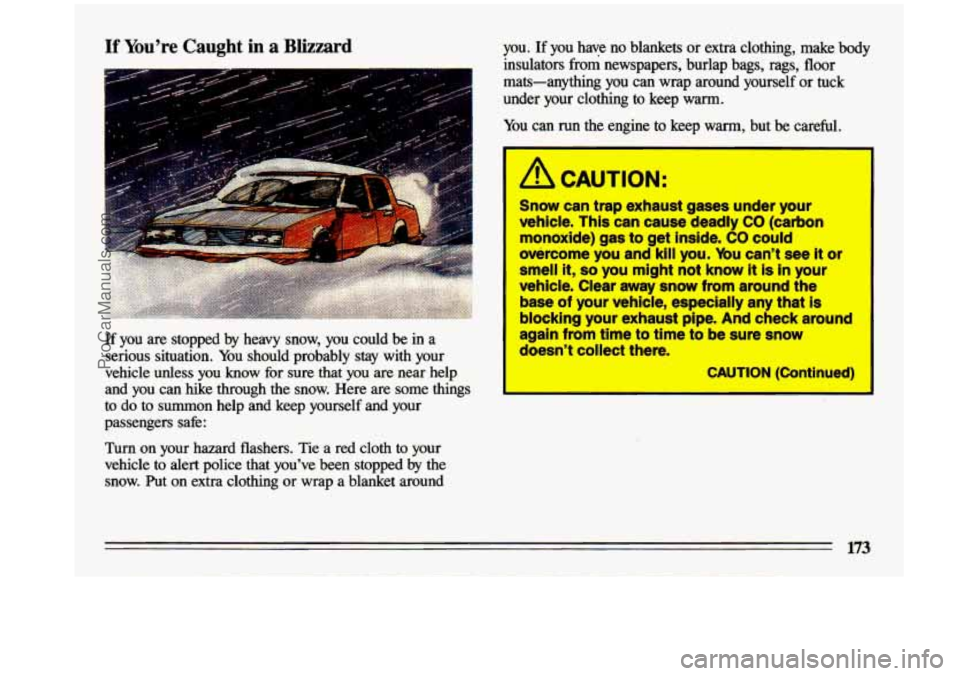 BUICK CENTURY 1993  Owners Manual If You’re Caught in a Blizzard 
J 1 
If  you are stopped by  heavy  snow,  you  could  be in  a 
serious  situation.  You should  probably  stay  with  your 
vehicle  unless  you 
know for  sure  th