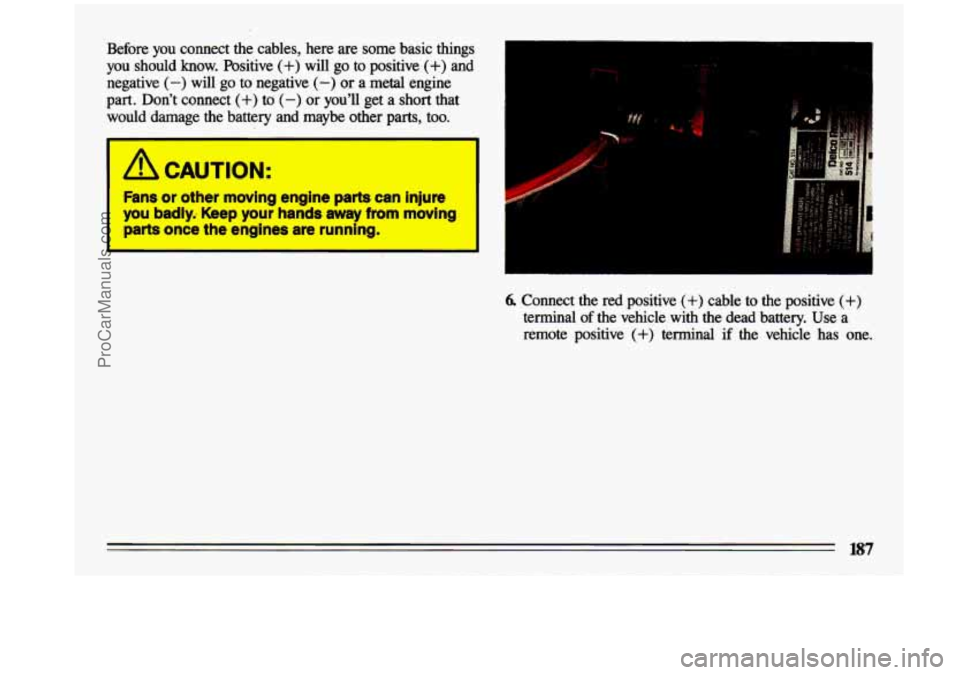 BUICK CENTURY 1993  Owners Manual Before  you  connect  the  cables, here are some  basic  things 
you  should  know.  Positive 
(+) will go to  positive (+) and 
negative 
(-) will  go  to  negative (-) or  a  metal  engine 
part.  D