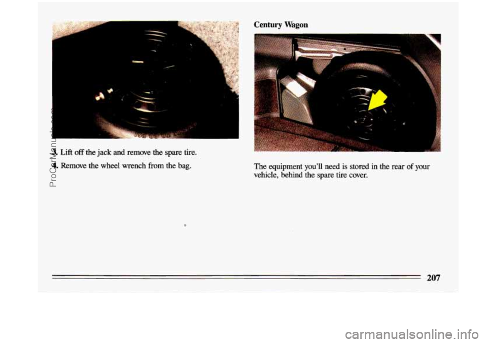 BUICK CENTURY 1993 Owners Manual P). ,
3. Lift off the jack and remove the spare tire.
4. Remove the wheel wrench from the bag.
Century Wagon
The equipment you’ll need is stored in the rear of your
vehicle, be BUICK CENTURY 1993 Owners Manual P). ,
3. Lift off the jack and remove the spare tire.
4. Remove the wheel wrench from the bag.
Century Wagon
The equipment you’ll need is stored in the rear of your
vehicle, be