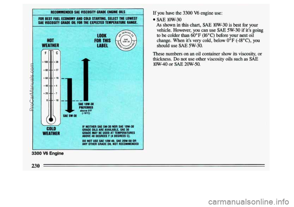 BUICK CENTURY 1993  Owners Manual i 
I : 
I 1 
ISCOS E ENGINE OILS I " 
FOR BEST  FUEL ECONOMY  AND  COLD  STARTING,  SELECT  THE  LOWEST 
I SAE VISCOSITY  GRADE  OIL FOR THE  EXPECTED  TEMPERATURE  RANGE. 
LOOK 
LABEL 
HOT FOR THI