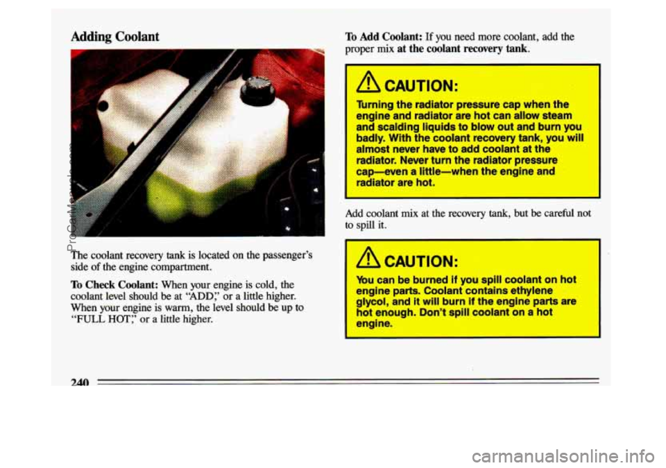BUICK CENTURY 1993  Owners Manual Adding Coolant 
.. 
The  coolant  recovery tank is  located on the  passenger’s 
side 
of the  engine  compartment. 
To Check  Coolant: When  your  engine  is  cold,  the 
coolant  level  should  be
