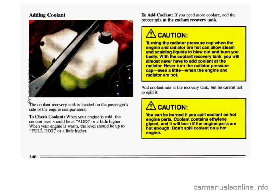 BUICK CENTURY 1993 Owners Manual Adding Coolant
..
The coolant recovery tank is located on the passenger’s
side
of the engine compartment.
To Check Coolant: When your engine is cold, the
coolant level should be BUICK CENTURY 1993 Owners Manual Adding Coolant
..
The coolant recovery tank is located on the passenger’s
side
of the engine compartment.
To Check Coolant: When your engine is cold, the
coolant level should be