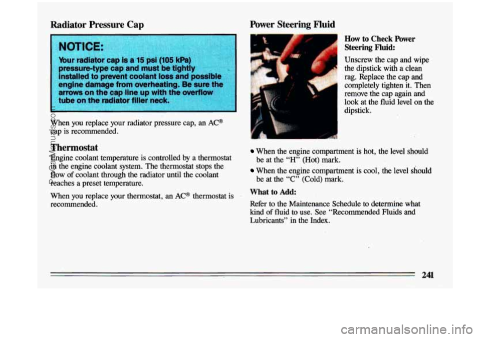 BUICK CENTURY 1993  Owners Manual Radiator  Pressure  Cap 
ur  radiator  cap is a 15 psi (105 kPa) 
When  you  replace  your  radiator  pressure  cap, an AC@ 
cap  is  recommended. 
Thermostat 
Engine  coolant  temperature is controll