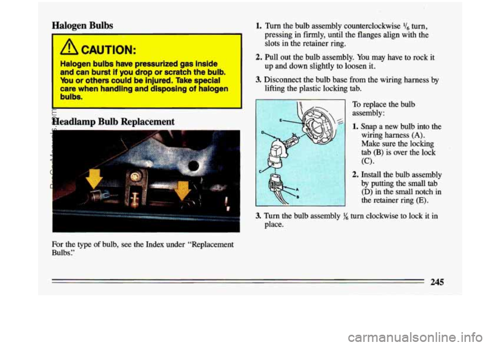 BUICK CENTURY 1993 Owners Manual Halogen Bulbs
Halogen bulbs have pressur5ued gasinstde
and can burst If you drop or scratch the bulb.
lbu or othem could be injured. Take spgclal
care when handllng and disposing of halogen
bulb BUICK CENTURY 1993 Owners Manual Halogen Bulbs
Halogen bulbs have pressur5ued gasinstde
and can burst If you drop or scratch the bulb.
lbu or othem could be injured. Take spgclal
care when handllng and disposing of halogen
bulb