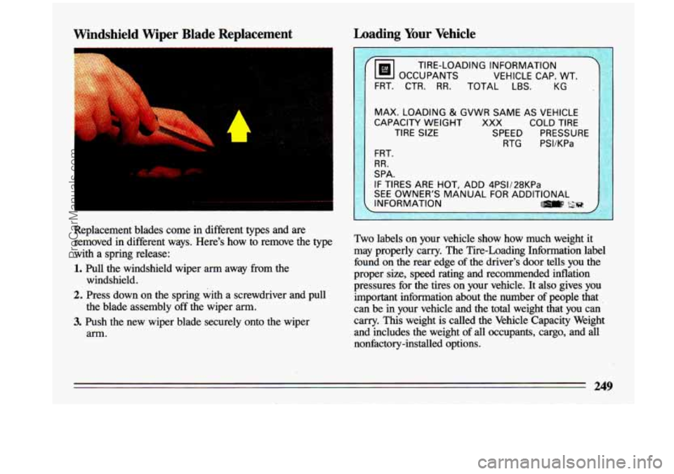 BUICK CENTURY 1993 Owners Manual Windshield Wiper Blade Replacement
-1
Replacement blades come in different types and are
removed in different ways. Here’s how to remove the type
with a spring release:
1. Pu BUICK CENTURY 1993 Owners Manual Windshield Wiper Blade Replacement
-1
Replacement blades come in different types and are
removed in different ways. Here’s how to remove the type
with a spring release:
1. Pu