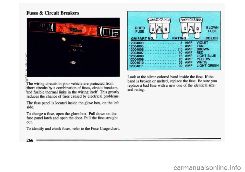 BUICK CENTURY 1993 Owners Manual 2
Fuses & Circuit Breakers
The wiring circuits in your vehicle are protected from
short circuits by a combination
of fuses, circuit breakers,
and fusible thermal links
in the wirin BUICK CENTURY 1993 Owners Manual 2
Fuses & Circuit Breakers
The wiring circuits in your vehicle are protected from
short circuits by a combination
of fuses, circuit breakers,
and fusible thermal links
in the wirin