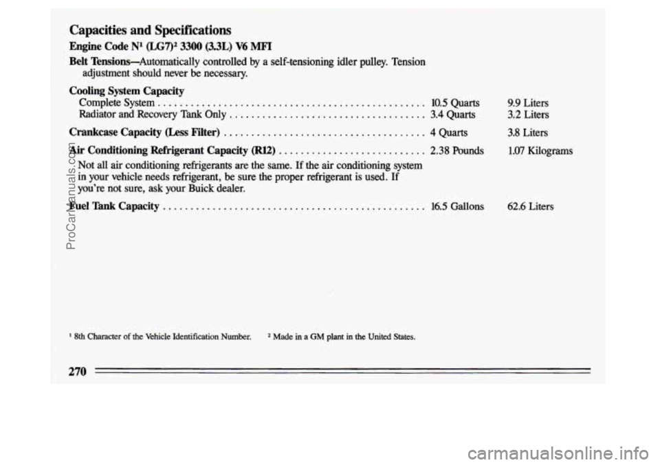 BUICK CENTURY 1993 Owners Manual Capacities and Specifications
Engine Code N1 (LGP2 3300 (3.3L) V6 MFI
Belt Tensions-Automatically controlled by a self-tensioning idler pulley. Tension
Cooling System Capacity
adjustmen BUICK CENTURY 1993 Owners Manual Capacities and Specifications
Engine Code N1 (LGP2 3300 (3.3L) V6 MFI
Belt Tensions-Automatically controlled by a self-tensioning idler pulley. Tension
Cooling System Capacity
adjustmen