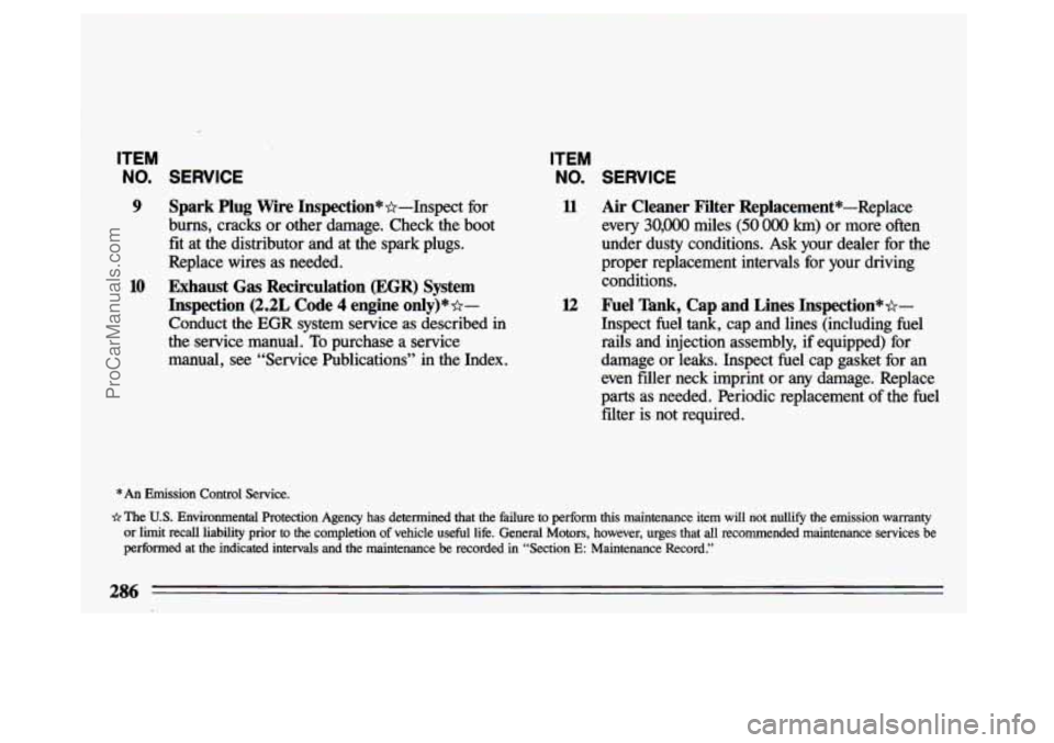 BUICK CENTURY 1993  Owners Manual ITEM 
NO. SERVICE 
9 Spark Plug Wire  Inspection**-Inspect  for 
bums,  cracks  or other  damage.  Check  the  boot 
fit  at  the  distributor  and  at  the  spark  plugs. 
Replace  wires  as  needed.