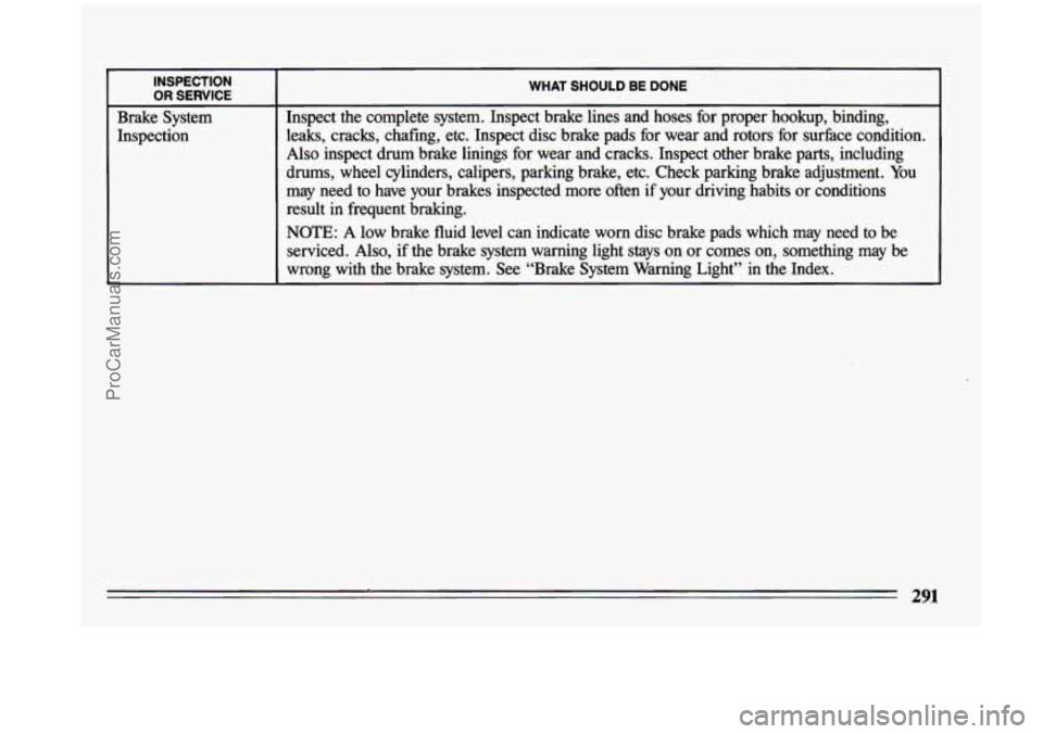 BUICK CENTURY 1993  Owners Manual ~  ~~  ~  ~  ~~~ INSPECTION 
OR SERVICE 
Brake  System 
Inspection 
WHAT  SHOULD BE DONE 
Inspect  the  complete  system.  Inspect  brake  lines  and  hoses  for \
 proper  hookup,  binding, 
leaks,  