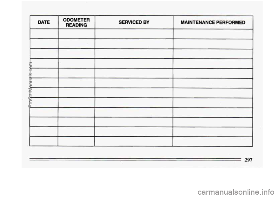 BUICK CENTURY 1993  Owners Manual DATE ODOMETER 
READING  SERVICED BY MAINTENANCE  PERFORMED 
297 
ProCarManuals.com 