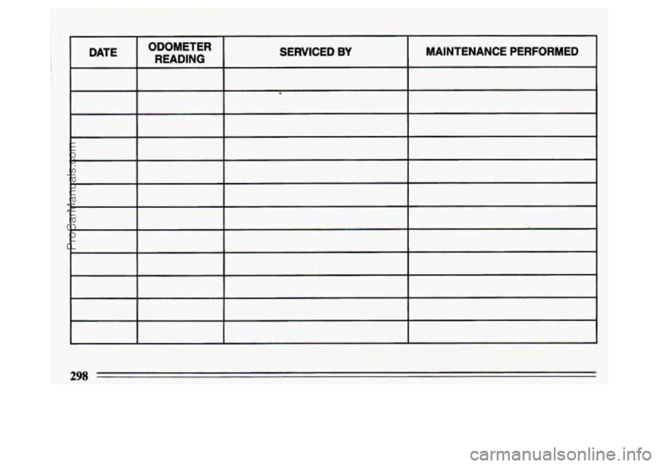BUICK CENTURY 1993  Owners Manual DATE ODOMETER 
READING  SERVICED BY MAINTENANCE  PERFORMED 
298 
ProCarManuals.com 