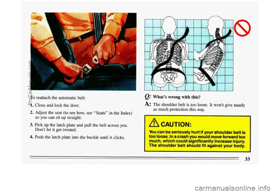 BUICK CENTURY 1993 Owners Guide n n 
To reattach  the  automatic  belt: 
1. Close  and  lock  the  door. 
2. Adjust  the  seat  (to  see  how, see “Seats”  in  the  Index) 
so you can  sit  up  straight. 
3. Pick  up  the  latch