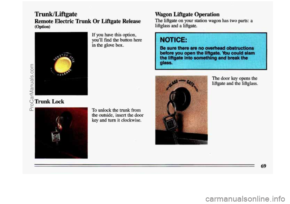 BUICK CENTURY 1993 Owners Manual Wunk/Liftgate
Remote Electric Trunk Or Liftgate Release
(Option)
1
If you have this option,
youll find the button here
Trunk Lock
-
in the glove box.
1
Wagon Liftgate Operation
Th BUICK CENTURY 1993 Owners Manual Wunk/Liftgate
Remote Electric Trunk Or Liftgate Release
(Option)
1
If you have this option,
youll find the button here
Trunk Lock
-
in the glove box.
1
Wagon Liftgate Operation
Th